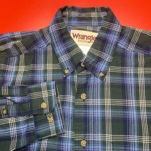 Wrangler Rugged Wear Adult Shirt Medium Blue Plaid Button Up Long‎ Sleeve Mens